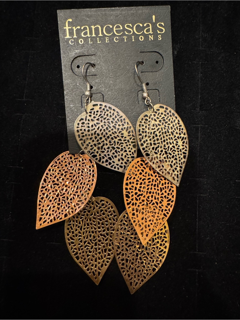 Francesca’s Collections Filigree Leaf Dangle Earrings Mixed Metal Triple Drop